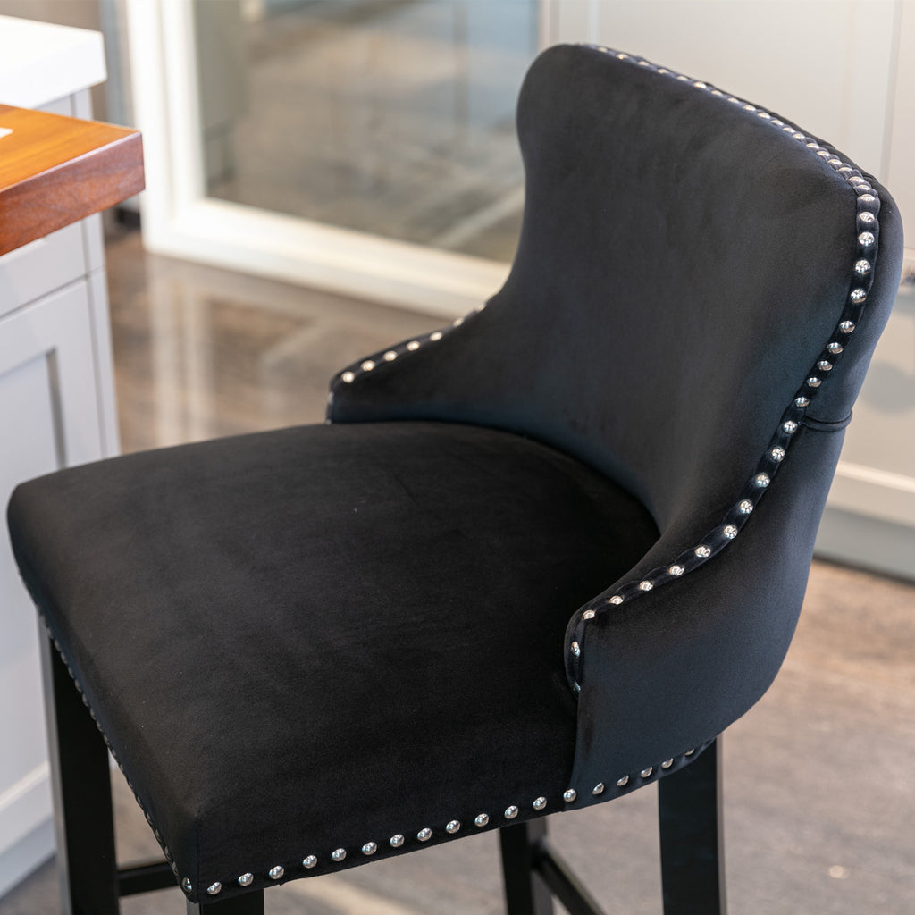 A&A Furniture,Contemporary Velvet Upholstered Wing-Back Barstools with Button Tufted Decoration and Wooden Legs, and Chrome Nailhead Trim, Leisure Style Bar Chairs,Bar stools,Set of 2 (Black),SW1824BK - Grand Goldman Shop