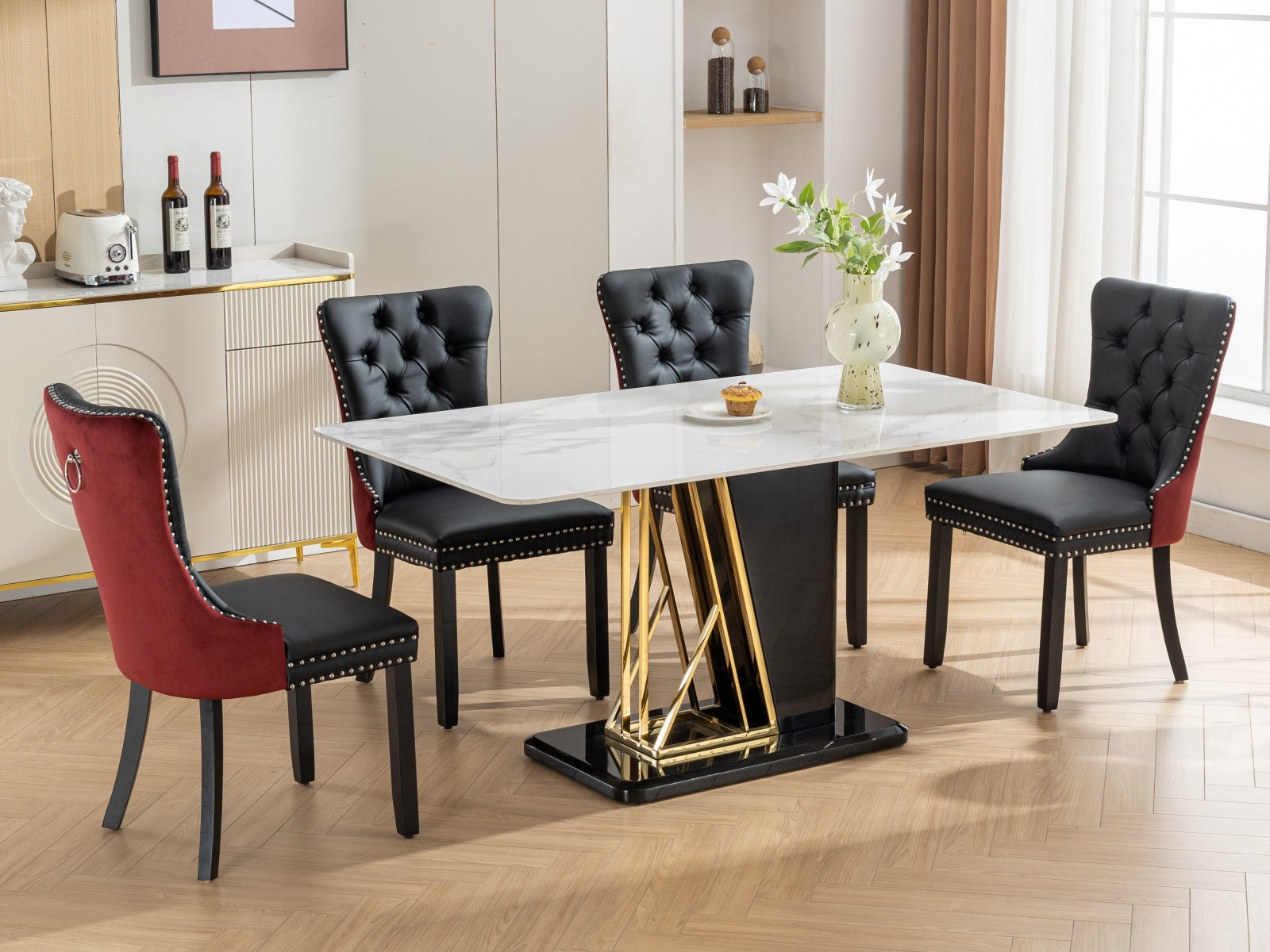 A&A Furniture, Nikki Collection Modern, High-end Tufted Solid Wood Contemporary PU and Velvet Upholstered Dining Chair with Wood Legs Nailhead Trim  2-Pcs Set, Black+WineRed, Burgundy,SW2101BW - Grand Goldman Shop