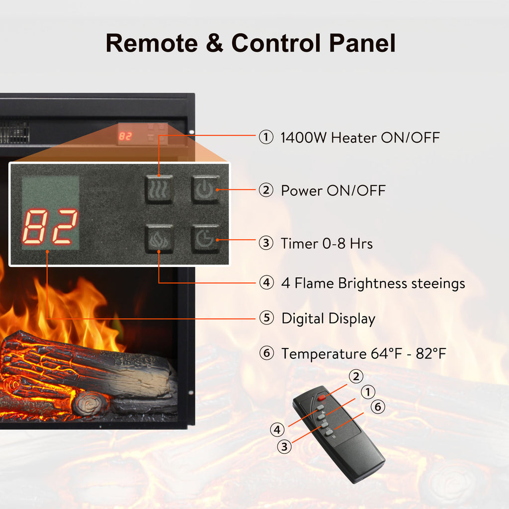 23 inch electric fireplace insert, ultra thin heater with log set & realistic flame, remote control with timer, overheating protection - Grand Goldman Shop