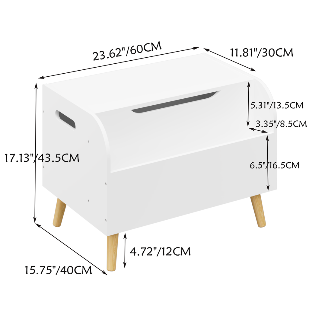 Wooden Toy Box with Front Bookshelf, Flip-Top Lid, Safety Hinge for Kids Room Organization in White, Solid Wood & MDF Constru
