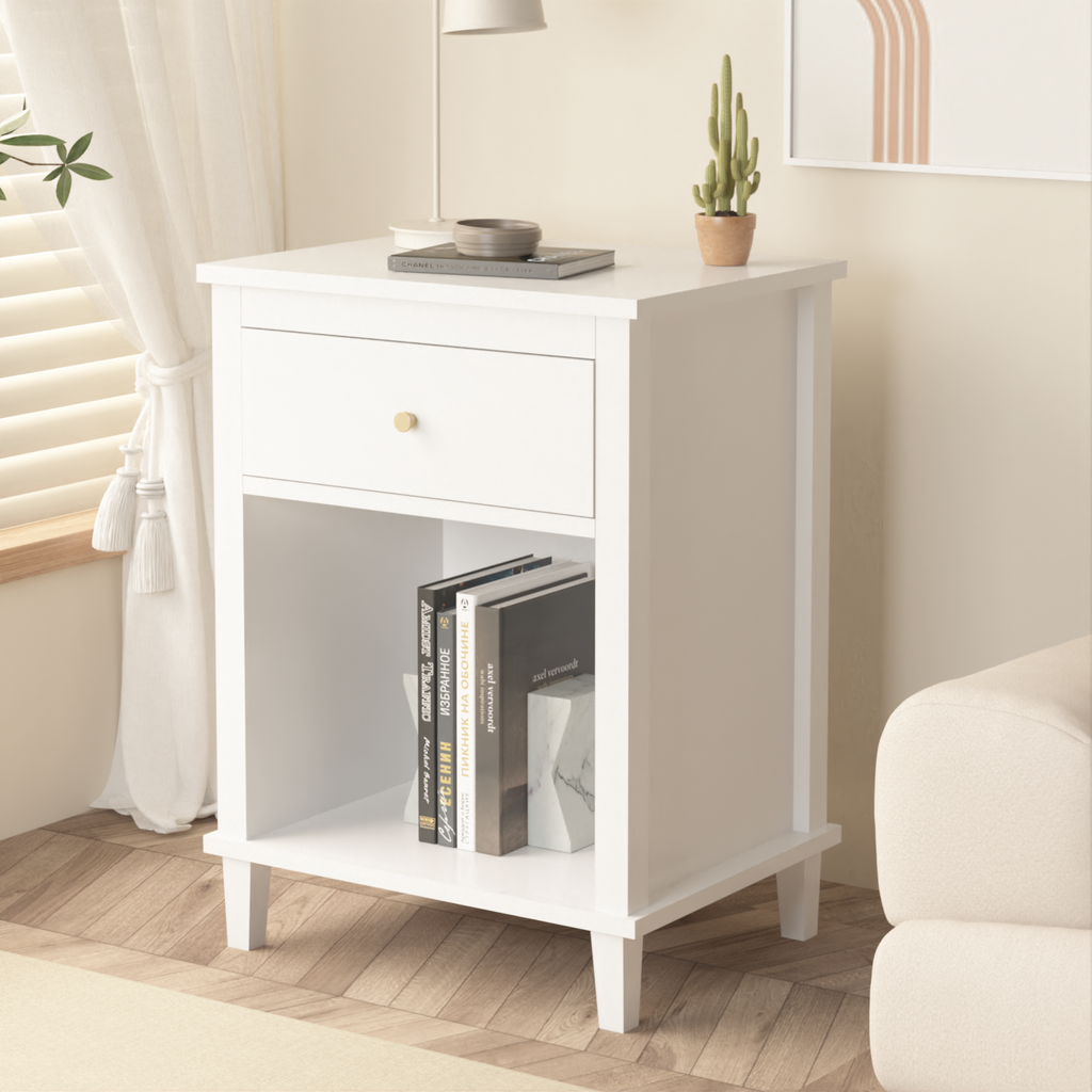 26.77''H White Wooden Nightstand with One Drawer and Shelf, Golden Handle, MDF Construction for Kids and Adults - Grand Goldman Shop