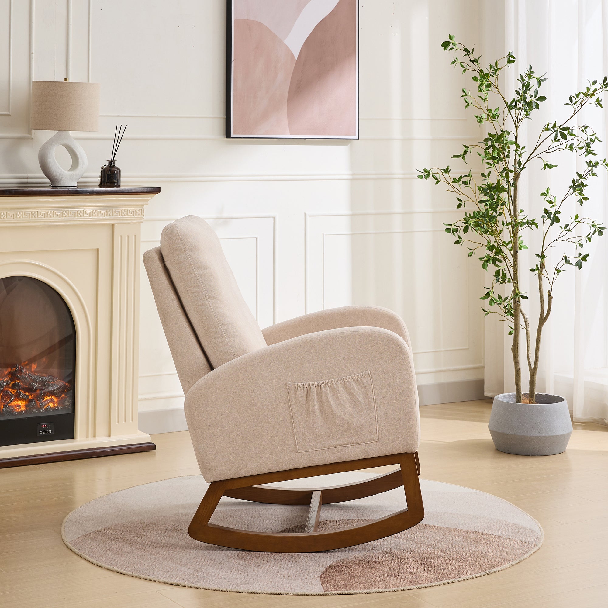 27.2'W Rocking Chair for Nursery, Polyester Glider Chair with High Back and Side Pocket, Rocking Accent Armchair with Rubber Wood Legs for Living Room/Bedroom.Beige - Grand Goldman Shop