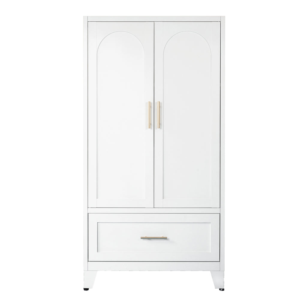 60' Tall Metal Wardrobe Cabinet with 1 Drawer and Hanging Rod, 2 Doors Wardrobe Closet with Shelf for Bedroom, Office, Laundry Room, Entryway, Foyer, Guesthouse (White) - Grand Goldman Shop