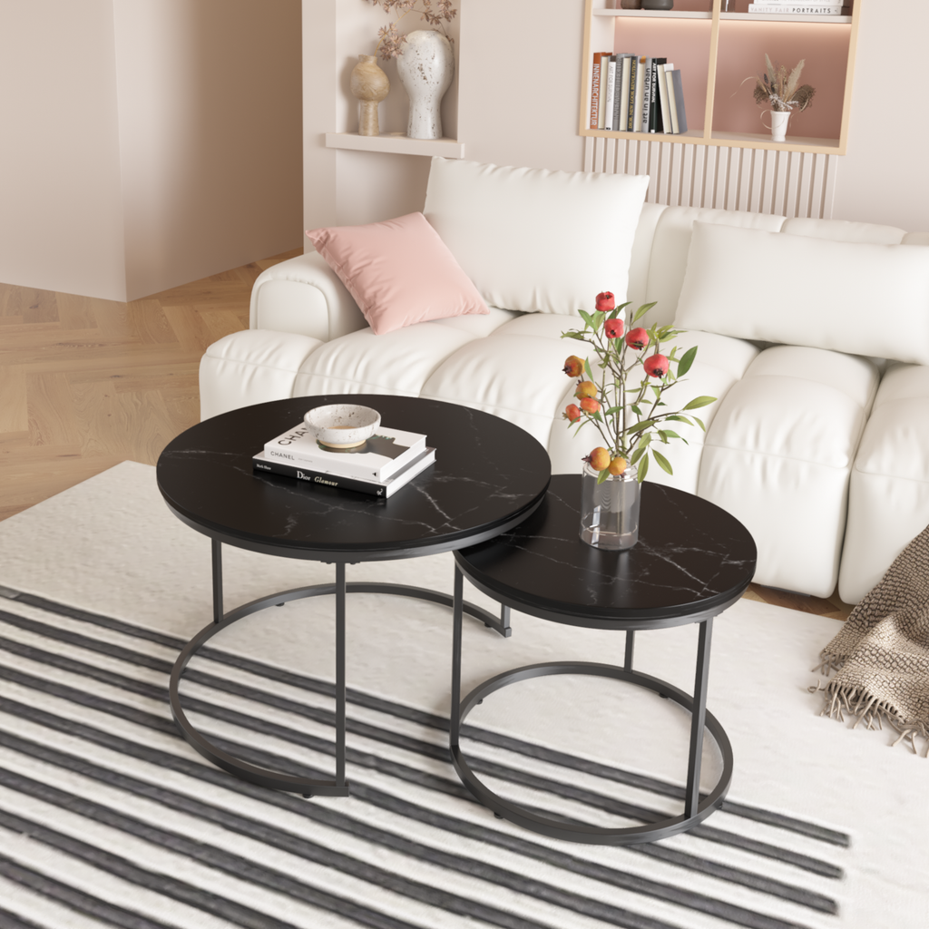 Nesting Coffee Table Set of 2, 27.6in Round Wood Marble Pattern Top with Sturdy Metal Frame, Black Living Room Side Tables for Bedroom Balcony Yard - Grand Goldman Shop