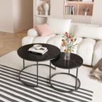 Nesting Coffee Table Set of 2, 27.6in Round Wood Marble Pattern Top with Sturdy Metal Frame, Black Living Room Side Tables for Bedroom Balcony Yard - Grand Goldman Shop