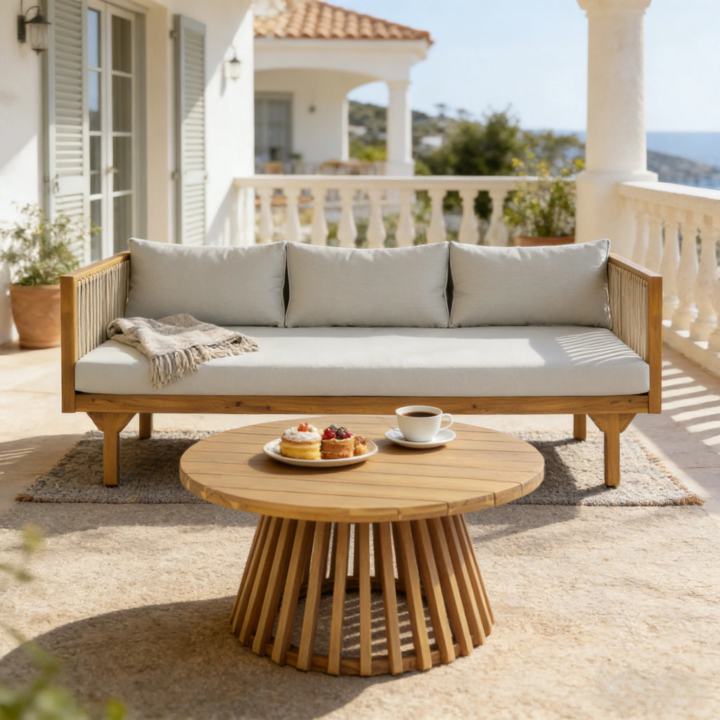 2-Piece Outdoor Patio Set: Sofa with Light Gray Cushions & Light Brown Rope Back + Round Acacia Wood Coffee Table, Teak Finish, Water Repellent, 600 lbs Sofa Capacity