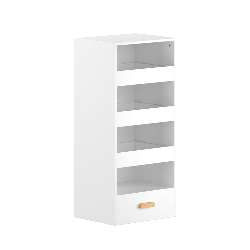 4-Tier Freestanding Bookshelf with 3 Sliding Drawers and 1 Bottom Drawer in White, Engineered Wood | Premium Home Decor - Gra