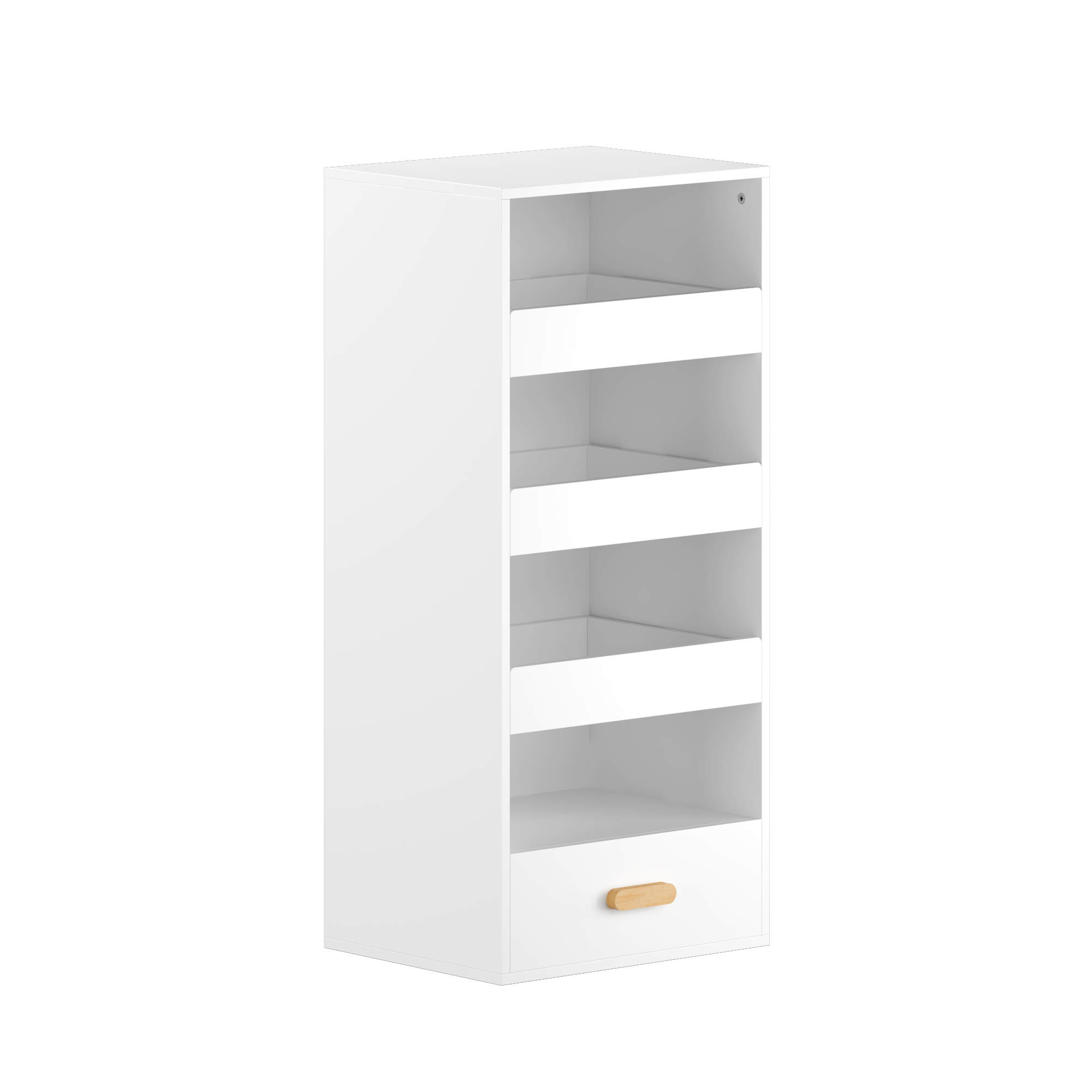4-Tier Freestanding Bookshelf with 3 Sliding Drawers and 1 Bottom Drawer in White, Engineered Wood | Premium Home Decor - Gra