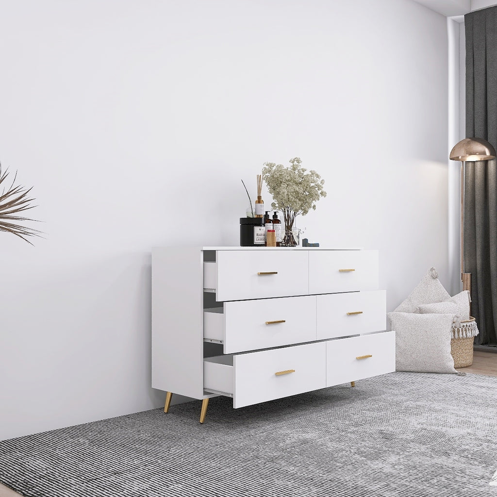 High Glossy Surface 6 Drawers Chest of Drawer with Golden Handle and Golden Steel Legs White Color Vanity - Grand Goldman Shop
