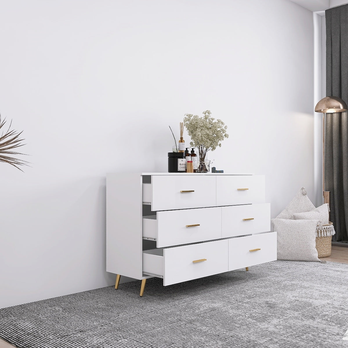 High Glossy Surface 6 Drawers Chest of Drawer with Golden Handle and Golden Steel Legs White Color Vanity - Grand Goldman Shop