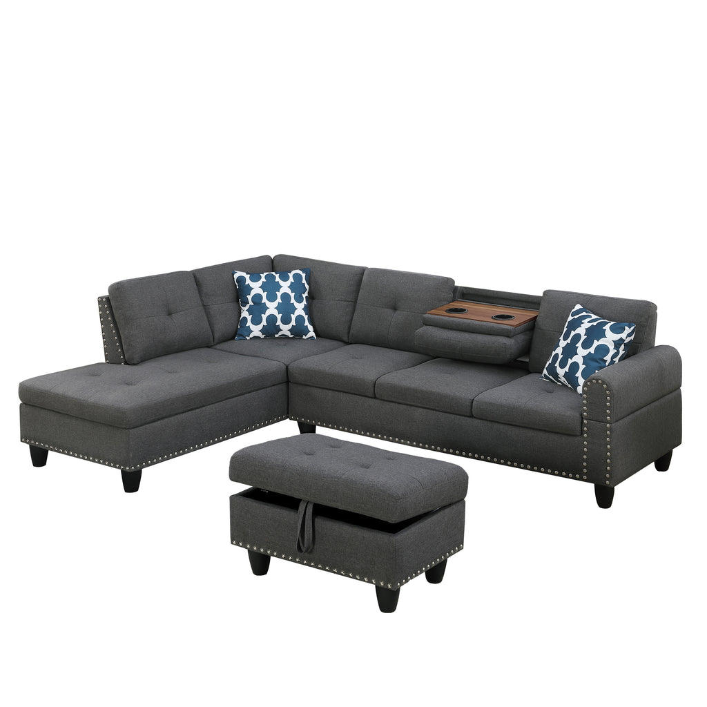 Alger Modern 98' Wide Left Hand Facing Sofa & Chaise with Ottoman in Dark Gray Linen - Grand Goldman Shop