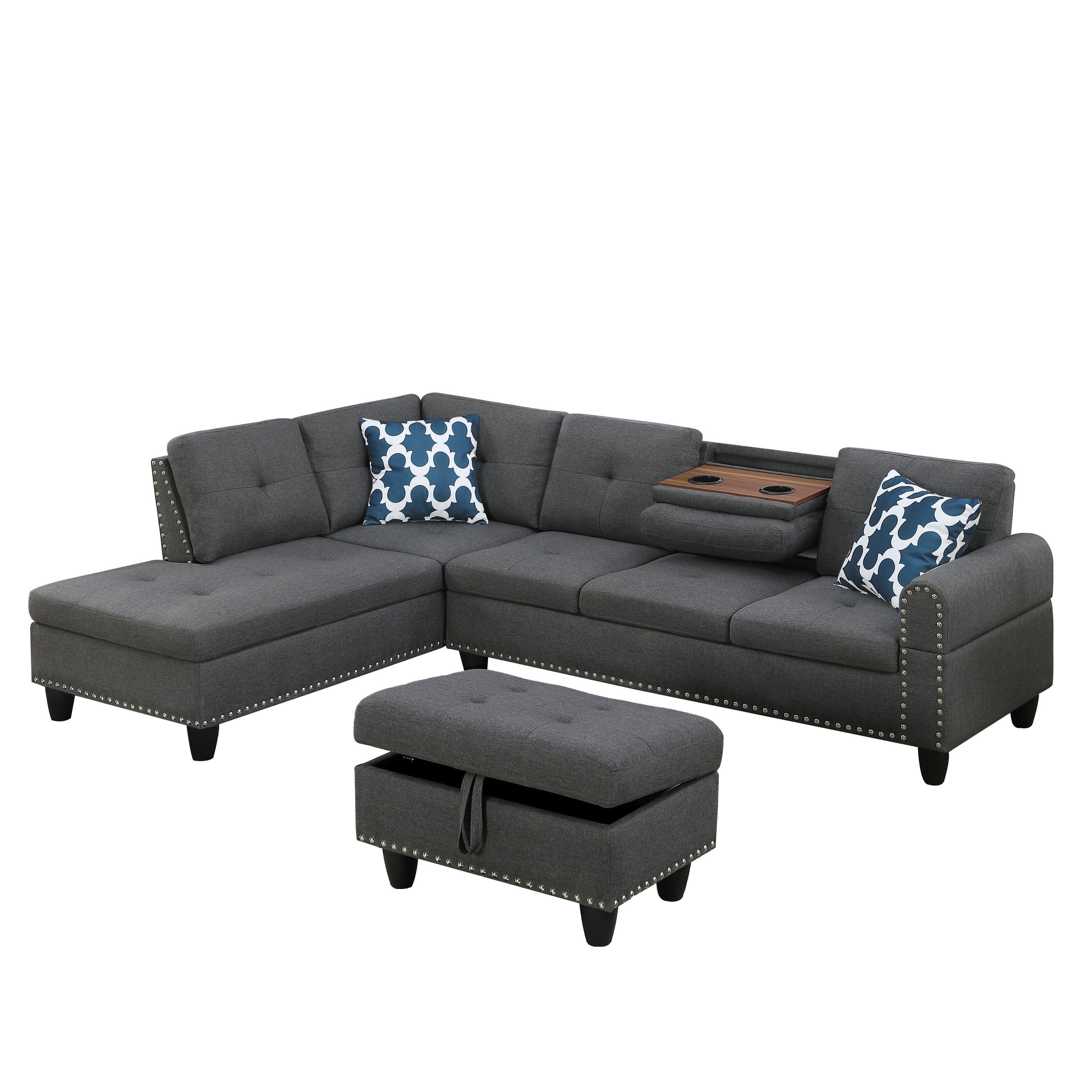 Alger Modern 98' Wide Left Hand Facing Sofa & Chaise with Ottoman in Dark Gray Linen - Grand Goldman Shop