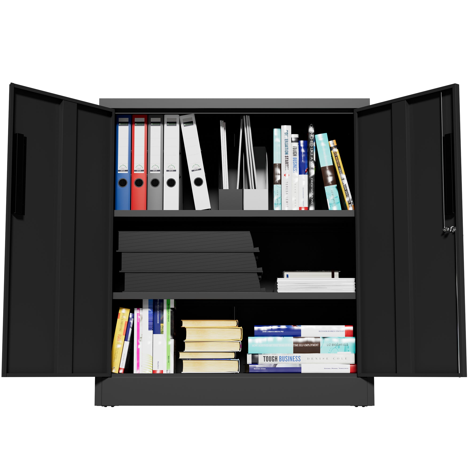 Black Heavy Duty Metal Storage Cabinet with Lock, 2-Door File Cabinet with 2 Adjustable Shelves for Home, Office, Garage (35.