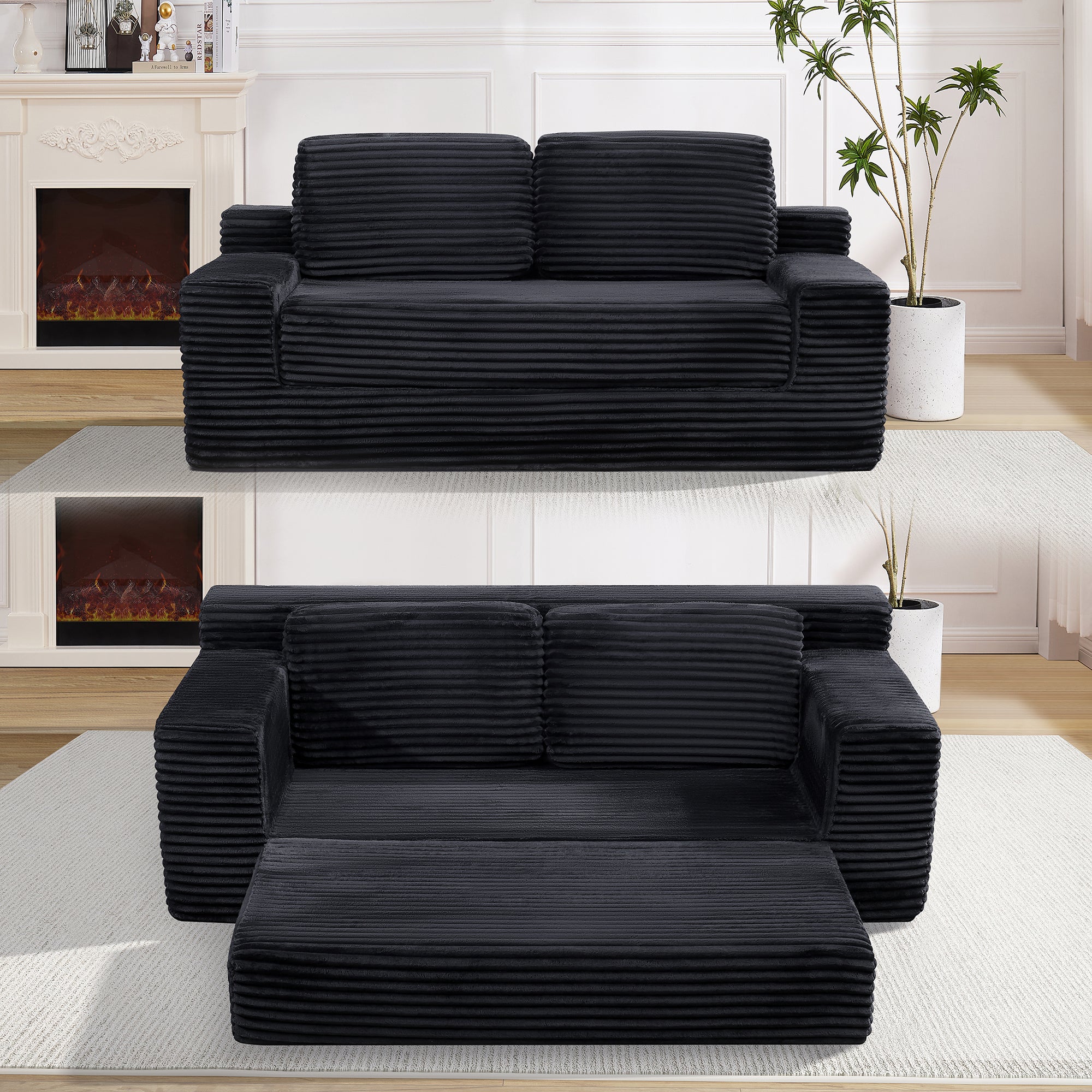 Corduroy Cloud Double Sofa, 2-in-1 Convertible Sofa Bed, Comfortable Boneless Double Sofa, Suitable for Living Room, Apartment, Small Space Black - Grand Goldman Shop