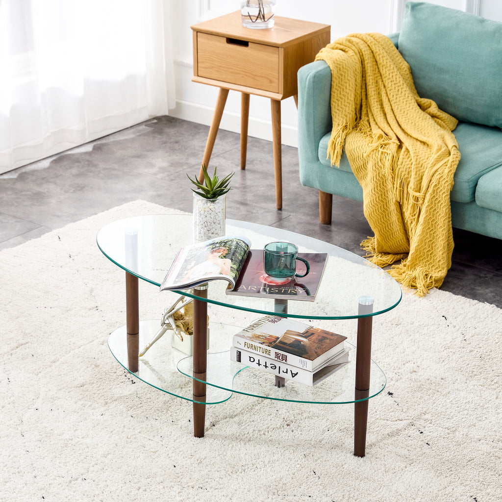 Modern Transparent Oval Glass Coffee Table with Oak Wood Legs, 3-Layer Design for Living Room - Grand Goldman Shop
