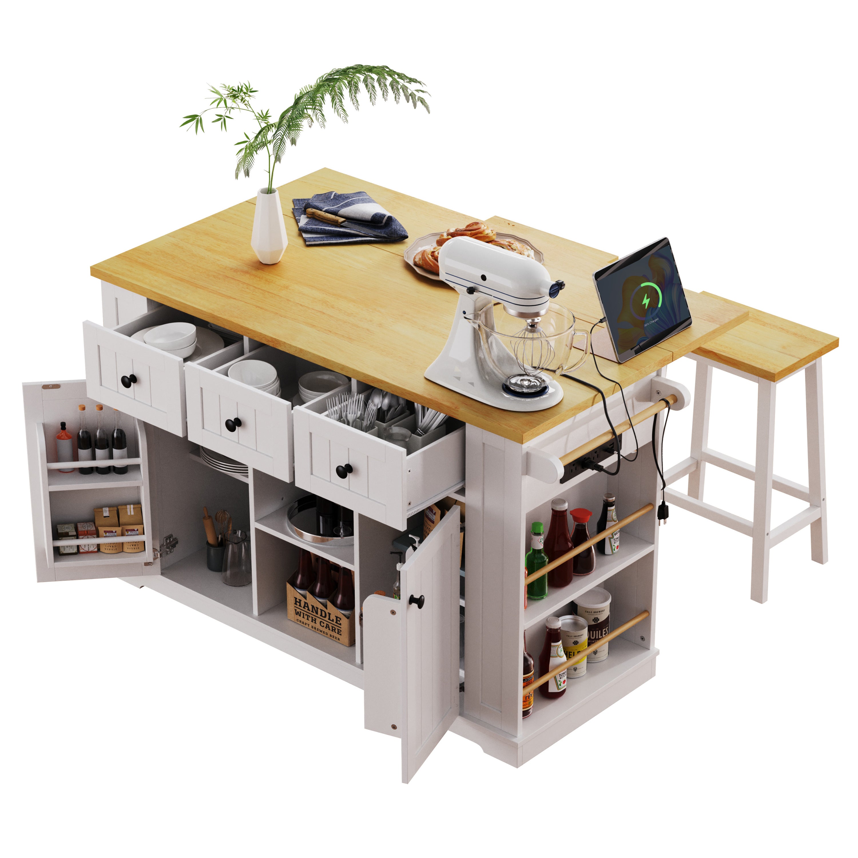K&K 53inch Large Kitchen Island with Drop Leaf,Power Outlet,Door Internal Storage Rack,Rolling Kitchen Cart on 5 Wheels with 5 Open Side Racks for Kitchen,White (Two Packages)(Stools not included) - Grand Goldman Shop