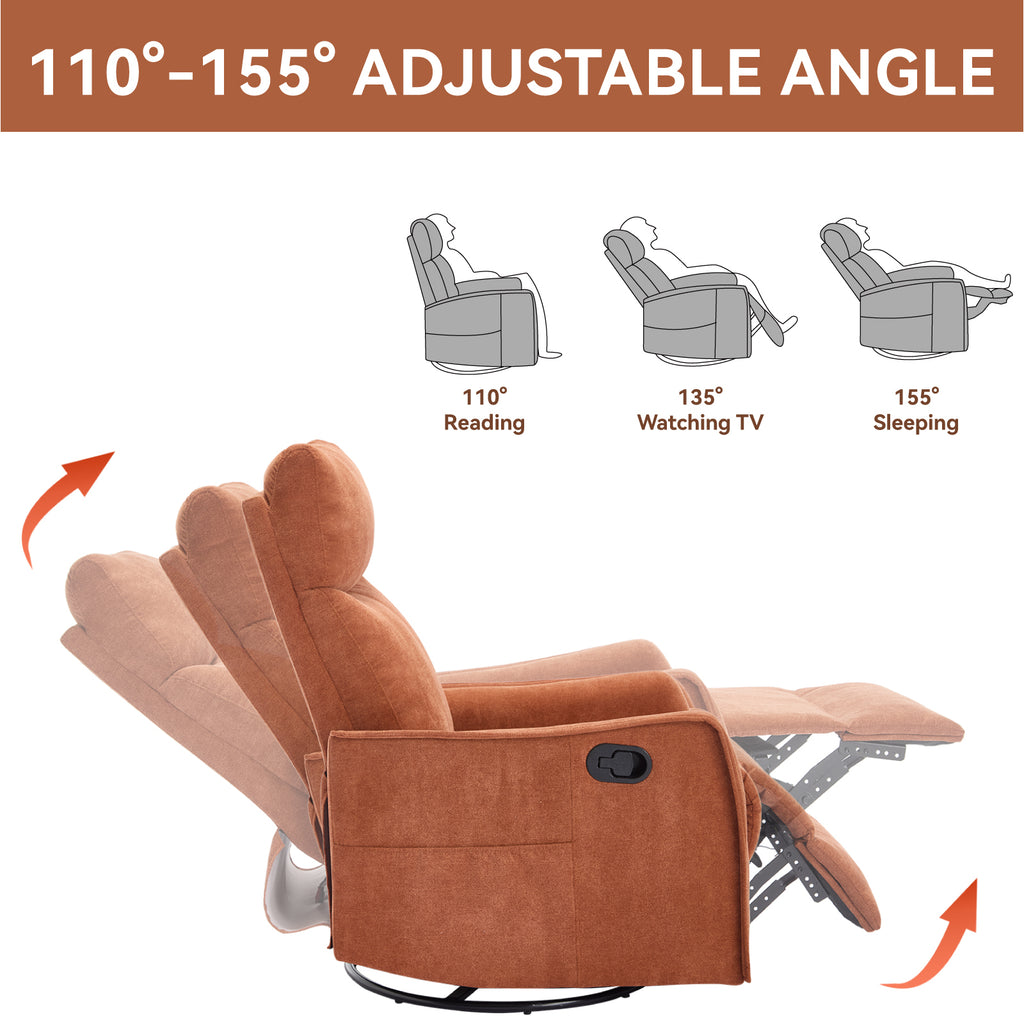Heat Massage Manual Recliner Chair with Rocker and Swivel in Fabric for Living Room, Orange - Grand Goldman Shop