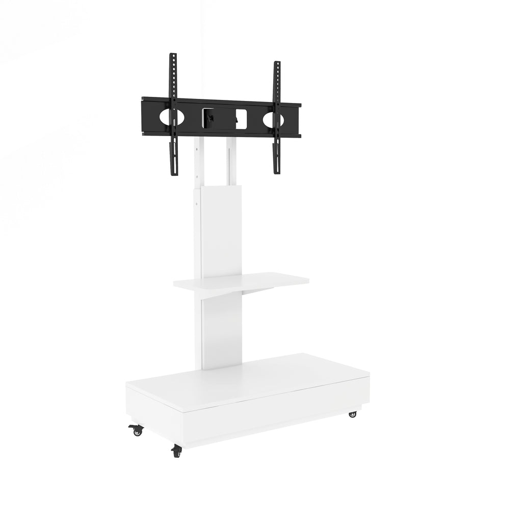 Versatile TV Stand with Push-Pull Drawer, Adjustable Height, Mobile Cart with Wheels, White MDF & Metal, 32-75 Inches - Grand Goldman Shop