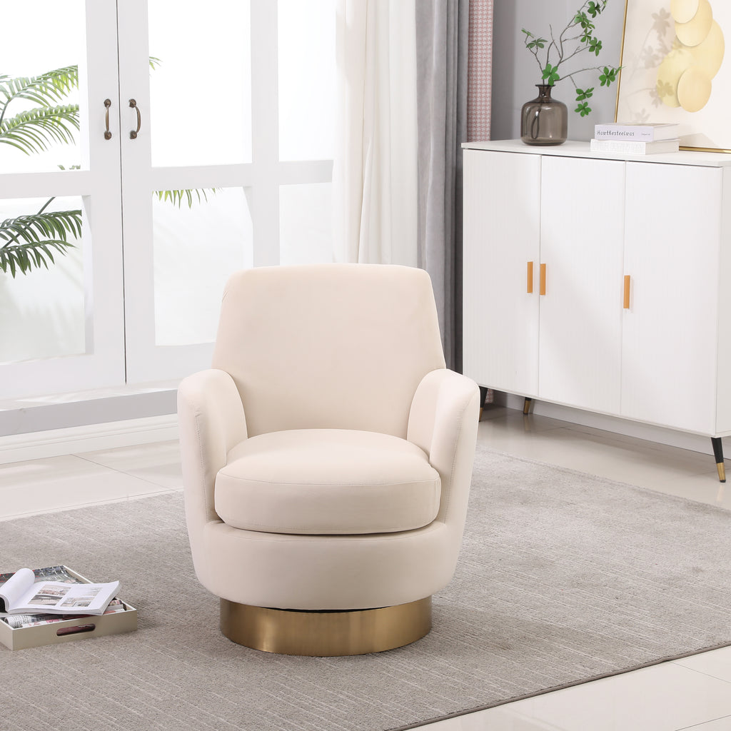 Velvet Swivel Barrel Chair, Swivel Accent Chairs Armchair for Living Room, Reading Chairs for Bedroom Comfy, Round Barrel Chairs with Gold Stainless Steel Base (Beige) - Grand Goldman Shop