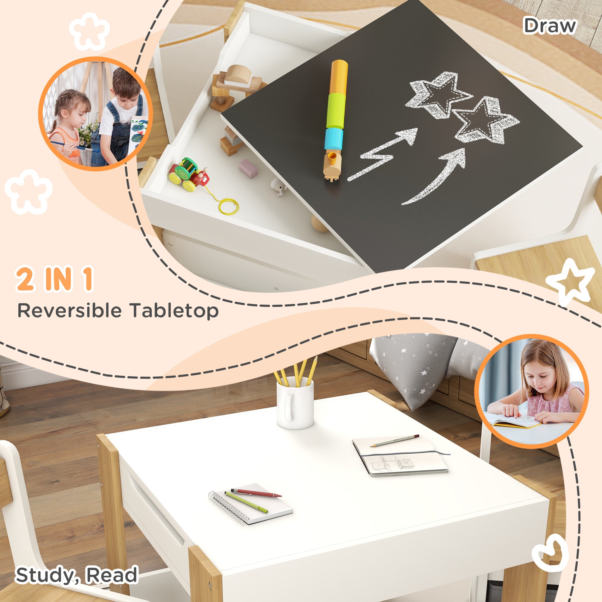 Qaba 3 Piece Kids Table and Chair Set, 2 in 1 Toddler Table and Chair Set with Reversible Tabletop Blackboard, Storage & Book