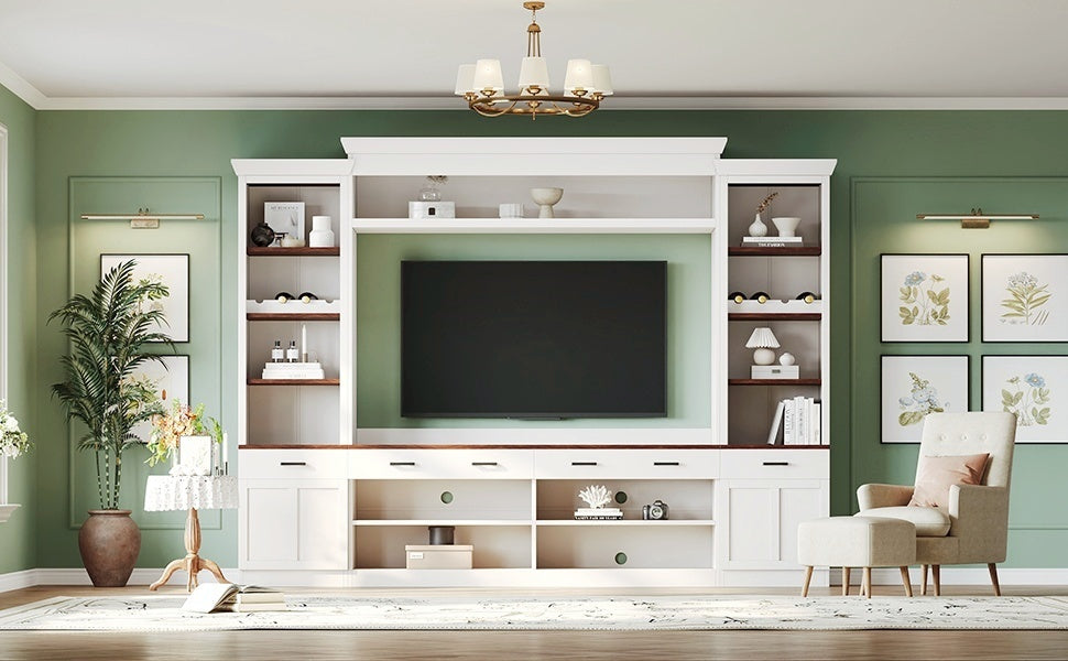 Farmhouse Entertainment Wall Unit with Bookshelf for TVs Up to 70', Walnut TV Stand with Adjustable Shelves, Mid-Century Media Console with Wine Rack for Living Room, White (NEW SKU: N721S000046K-2) - Grand Goldman Shop