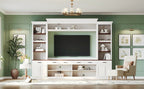 Farmhouse Entertainment Wall Unit with Bookshelf for TVs Up to 70', Walnut TV Stand with Adjustable Shelves, Mid-Century Media Console with Wine Rack for Living Room, White (NEW SKU: N721S000046K-2) - Grand Goldman Shop