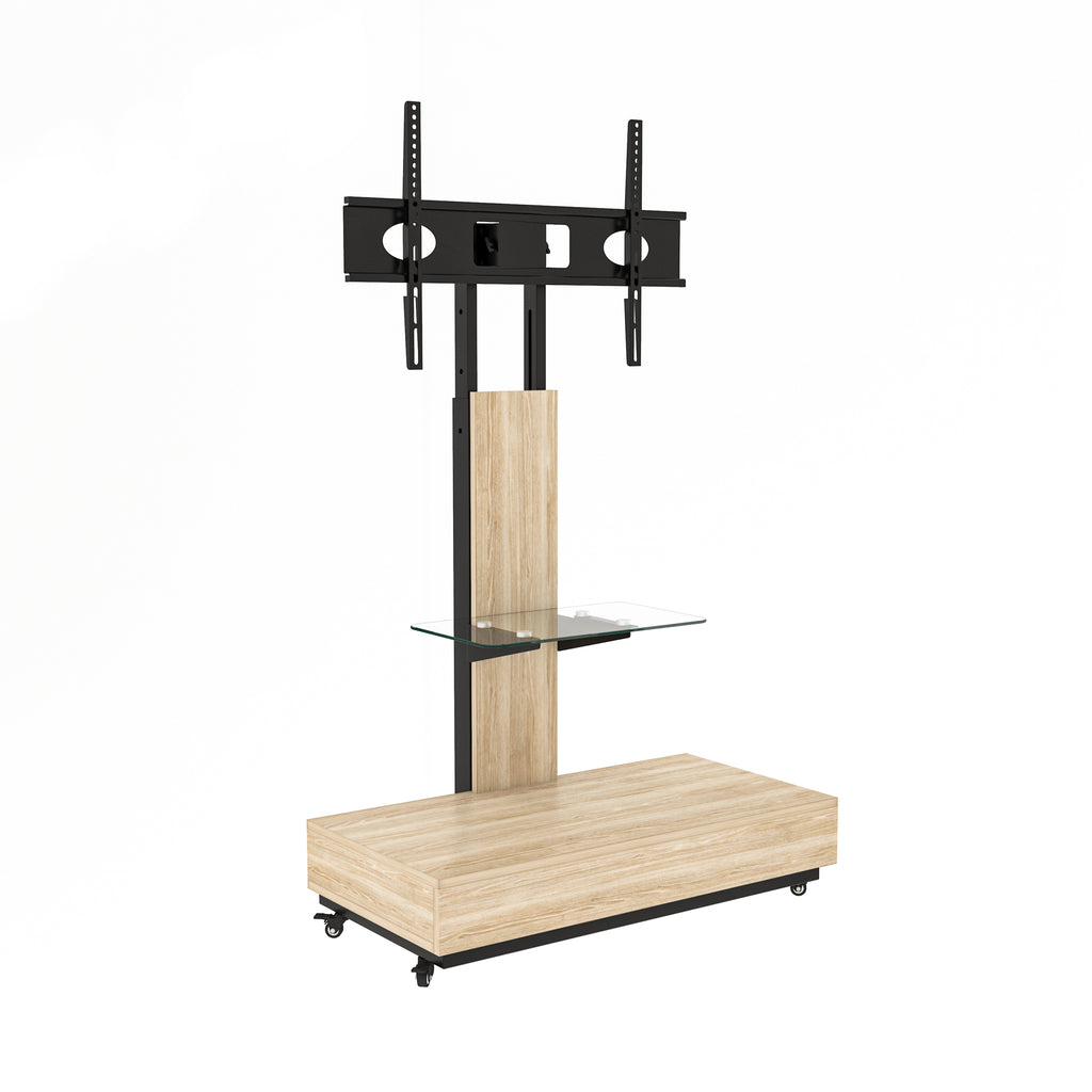 Natural Adjustable Height Mobile TV Cart with Push-Pull Drawer for 32-75 Inches, Wood & Glass TV Stand with Wheels - Grand Goldman Shop