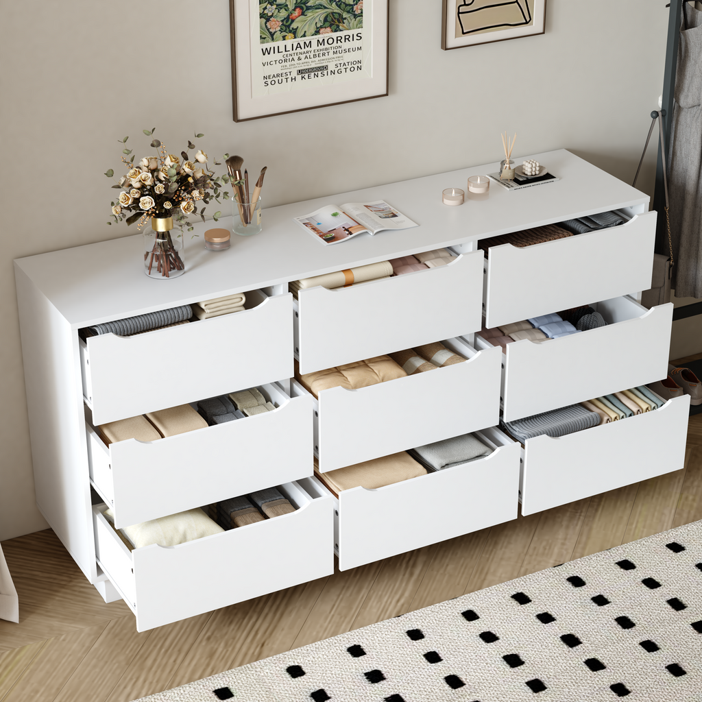 9 Drawer Dresser for Bedroom with Deep Drawers, Large Floor Wood Dressers & Chest of Drawers , Modern White Long Dressers for Closet Living Room - Grand Goldman Shop