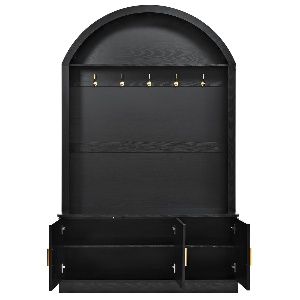 Farmhouse Fabric Arched Top Hall Tree with 5 Metal Hooks, All-in-One Mudroom Furniture with Adjustable Shelves, Mid-Century Fluted Door Entryway Bench with Wood Grain Finish for Hallway, Black - Grand Goldman Shop