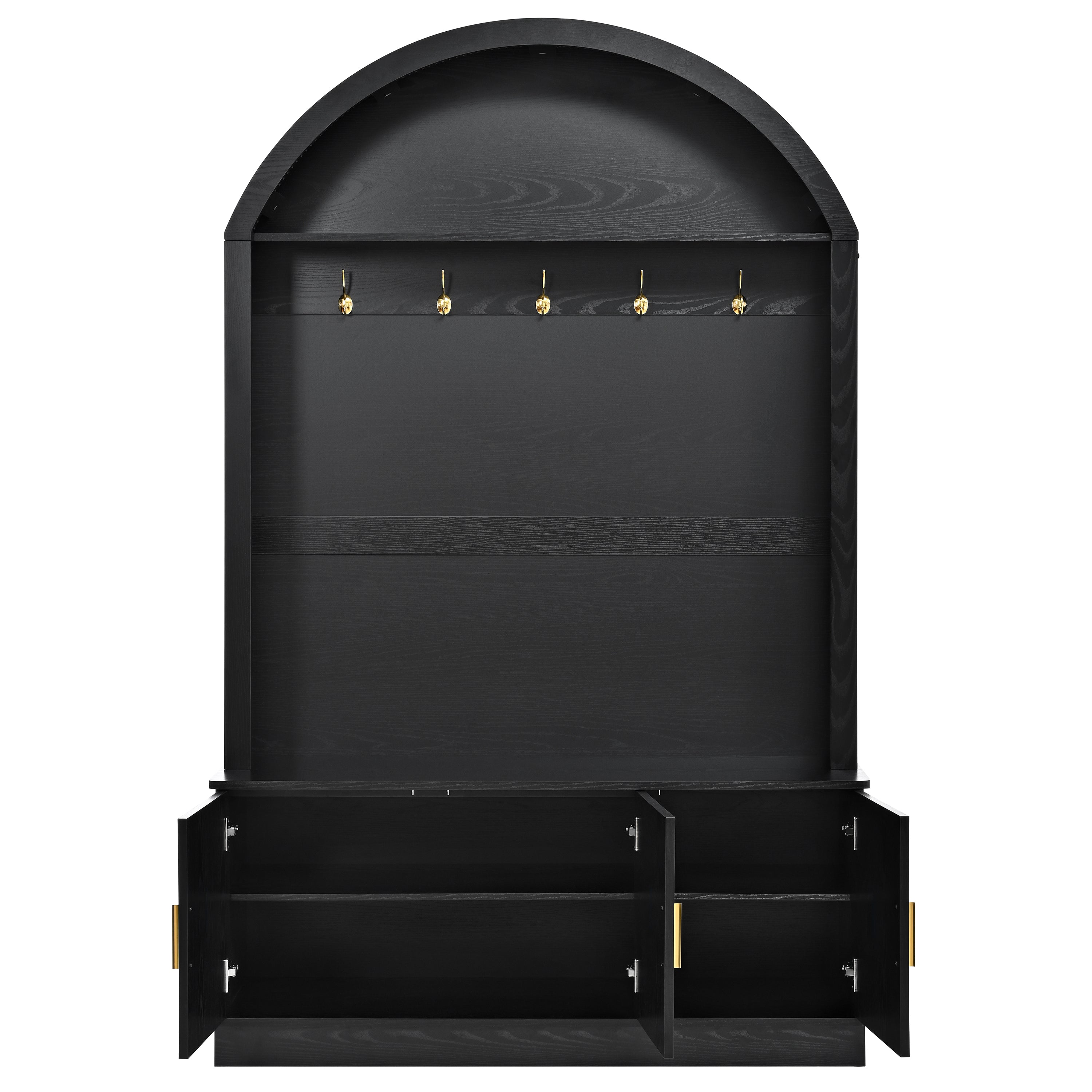 Farmhouse Fabric Arched Top Hall Tree with 5 Metal Hooks, All-in-One Mudroom Furniture with Adjustable Shelves, Mid-Century Fluted Door Entryway Bench with Wood Grain Finish for Hallway, Black - Grand Goldman Shop