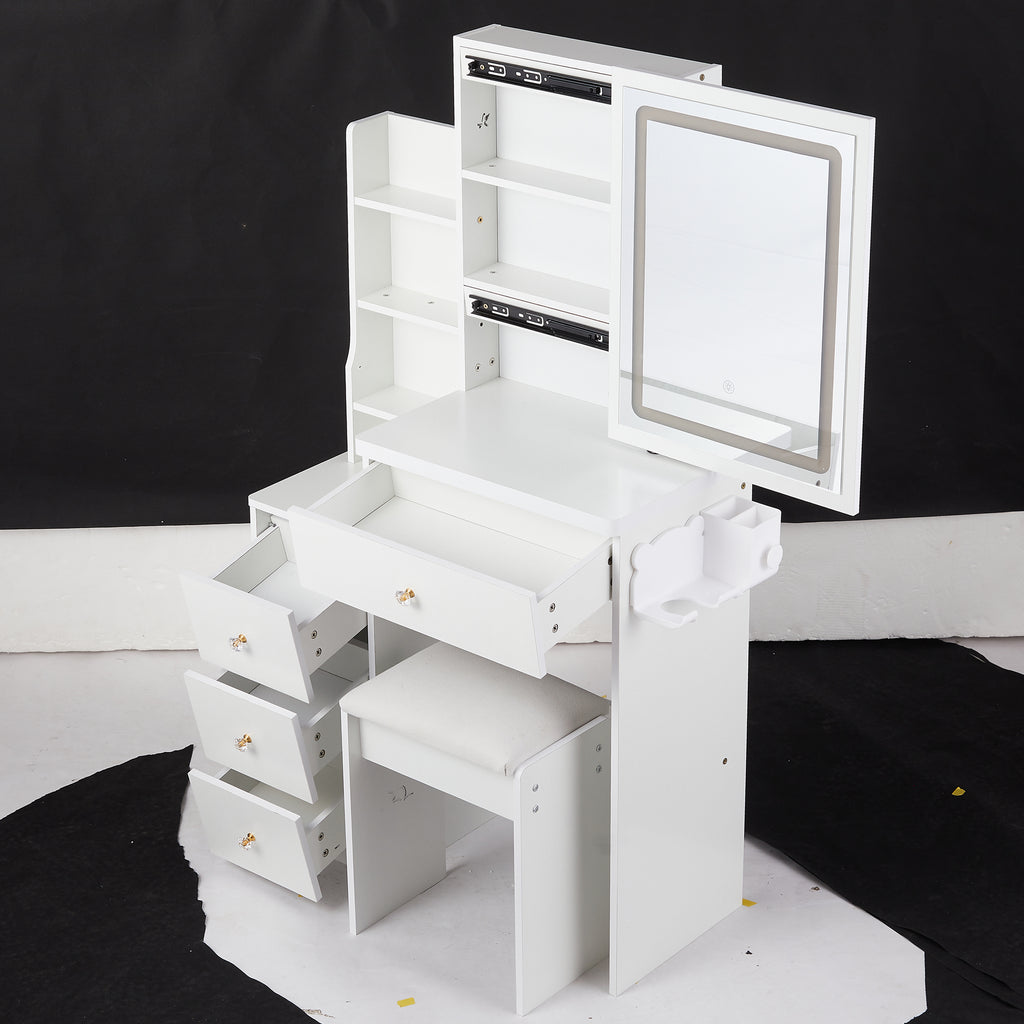29.2' Small Size Left Bedside Cabinet Vanity Table + Cushioned Stool, 2 AC+2 USB Power Station, Hair dryer bracket, Extra Large Touch Control Sliding LED Mirror, Tri-color Switching, Brightness Adjust - Grand Goldman Shop