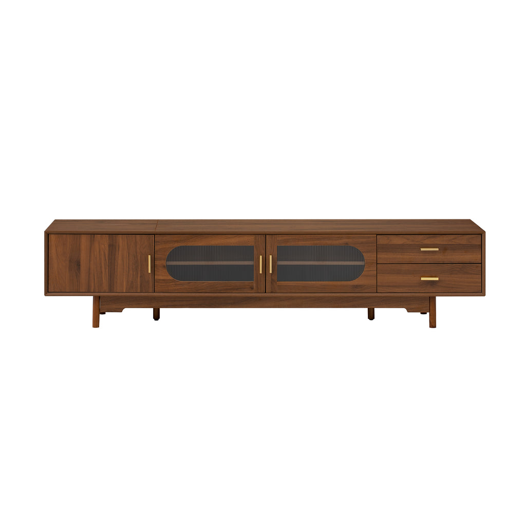 Modern TV Stand for 75-85 inch TVs with Fluted Glass Doors, 2 Drawers, Walnut Solid Wood Legs, 78.7'' L - Grand Goldman Shop