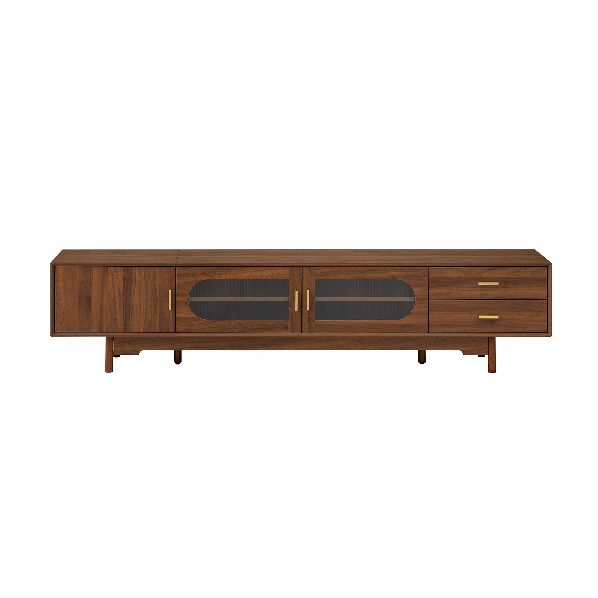 Modern TV Stand for 75-85 inch TVs with Fluted Glass Doors, 2 Drawers, Walnut Solid Wood Legs, 78.7'' L - Grand Goldman Shop