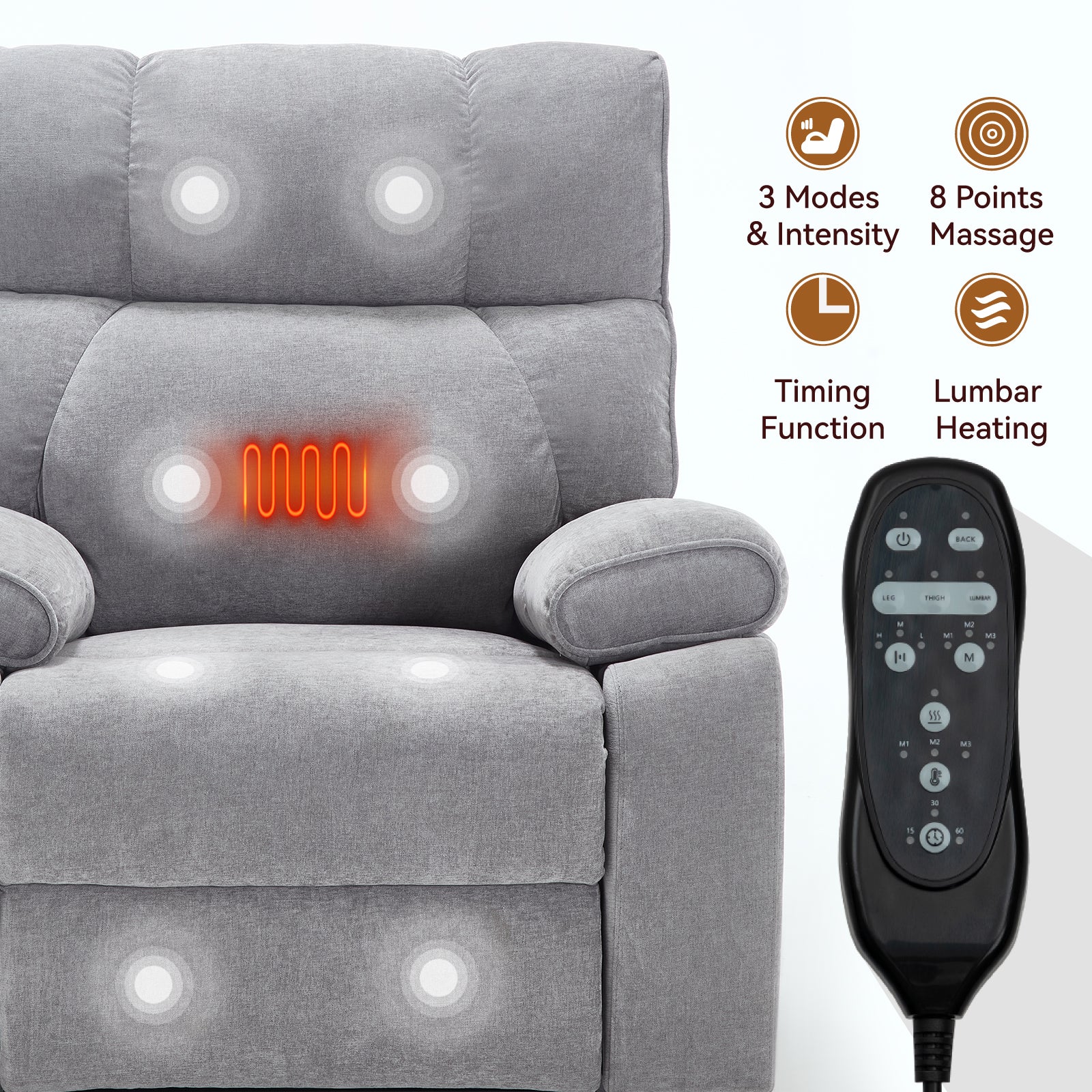 Grey Heat Massage Dual Motor Infinite Position Up to 350 LBS Large Electric Power Lift Recliners with Hidden Cup Holders, Power-Remote, Medium-firm and Heavy Duty - Grand Goldman Shop