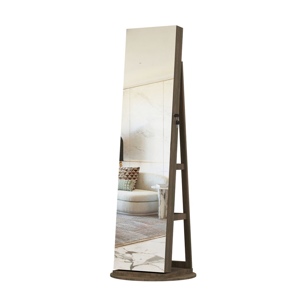 360°Swivel Jewelry Cabinet with Full Length Mirror, 360°Rotating Standing Jewelry Armoire Organizer , Lockable Storage Cabinet, Interior Lighted Mirror, Brown - Grand Goldman Shop