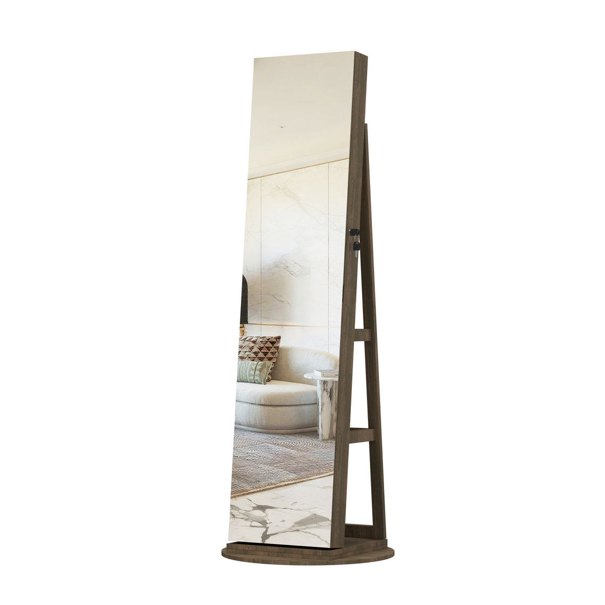 360°Swivel Jewelry Cabinet with Full Length Mirror, 360°Rotating Standing Jewelry Armoire Organizer , Lockable Storage Cabinet, Interior Lighted Mirror, Brown - Grand Goldman Shop