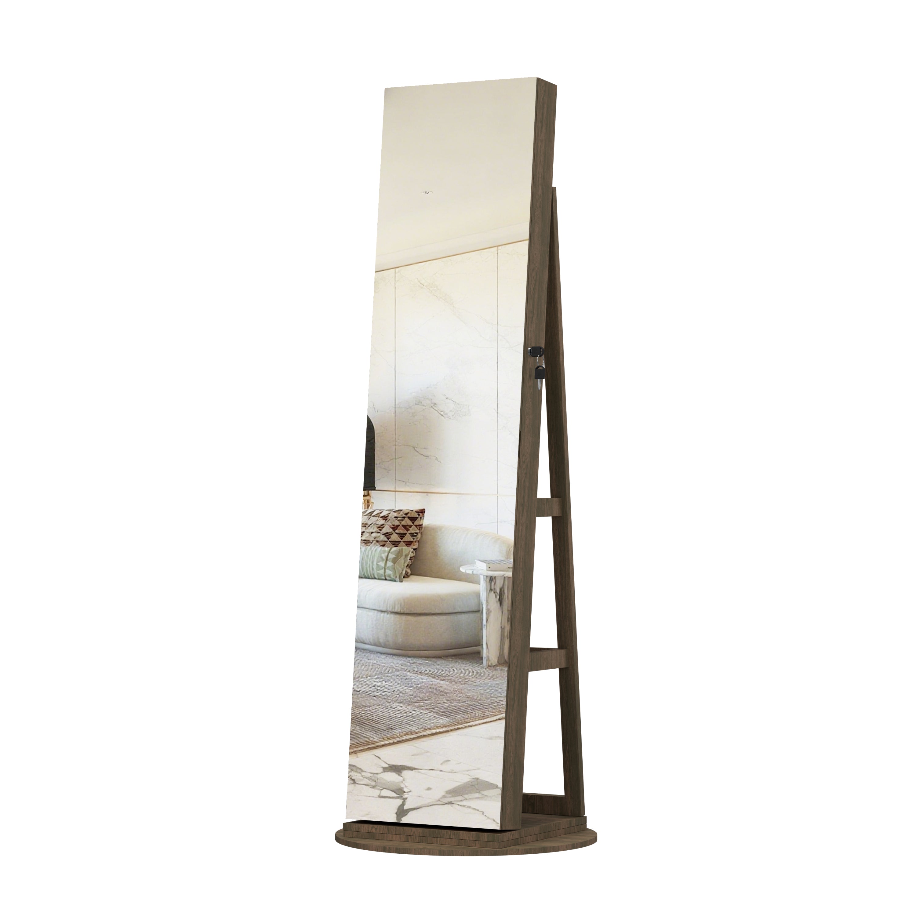 360°Swivel Jewelry Cabinet with Full Length Mirror, 360°Rotating Standing Jewelry Armoire Organizer , Lockable Storage Cabinet, Interior Lighted Mirror, Brown - Grand Goldman Shop