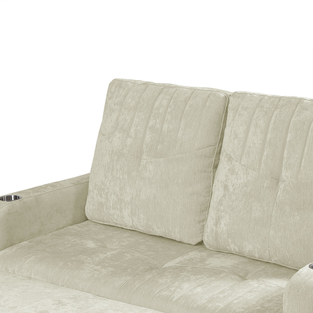 Modern 53.9' Loveseat Pull-out Sofa Bed with Adjustable Backrest, Cup Holders, Charging Ports & Side Storage in Beige Chenille - Grand Goldman Shop