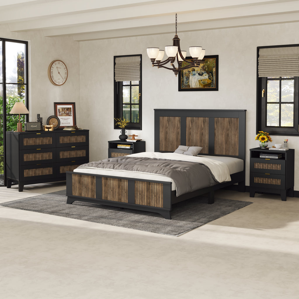 4-Pieces Bedroom Sets, Queen Size Farmhouse Platform Bed with Wooden Strip Stickers Decoration, Storage Nightstand and Dresser with Metal Handle, Black(Old SKU: HL000191AAB) - Grand Goldman Shop