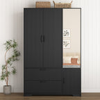 4 Doors Wardrobe Closet with Mirror, LED Wardrobe with Doors and 2 Drawers, Wooden Wardrobe Storage Cabinet with Hanging Rod, Adjustable Shelves, Black - Grand Goldman Shop