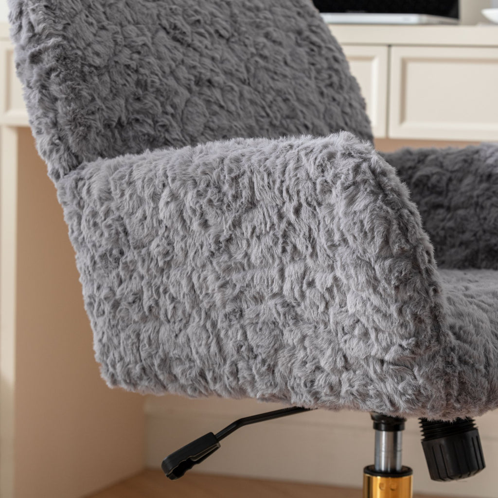 Stylish A&A Furniture Gray Adjustable Desk Chair with Artificial Rabbit Hair and Golden Metal Base - Available at Grand Goldm