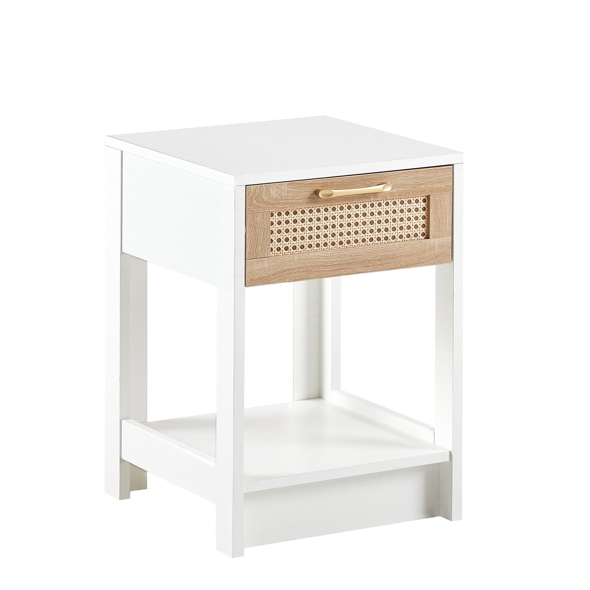 Modern Rattan End Table with Drawer, White MDF and Rattan, 15.75' Square - Grand Goldman Shop