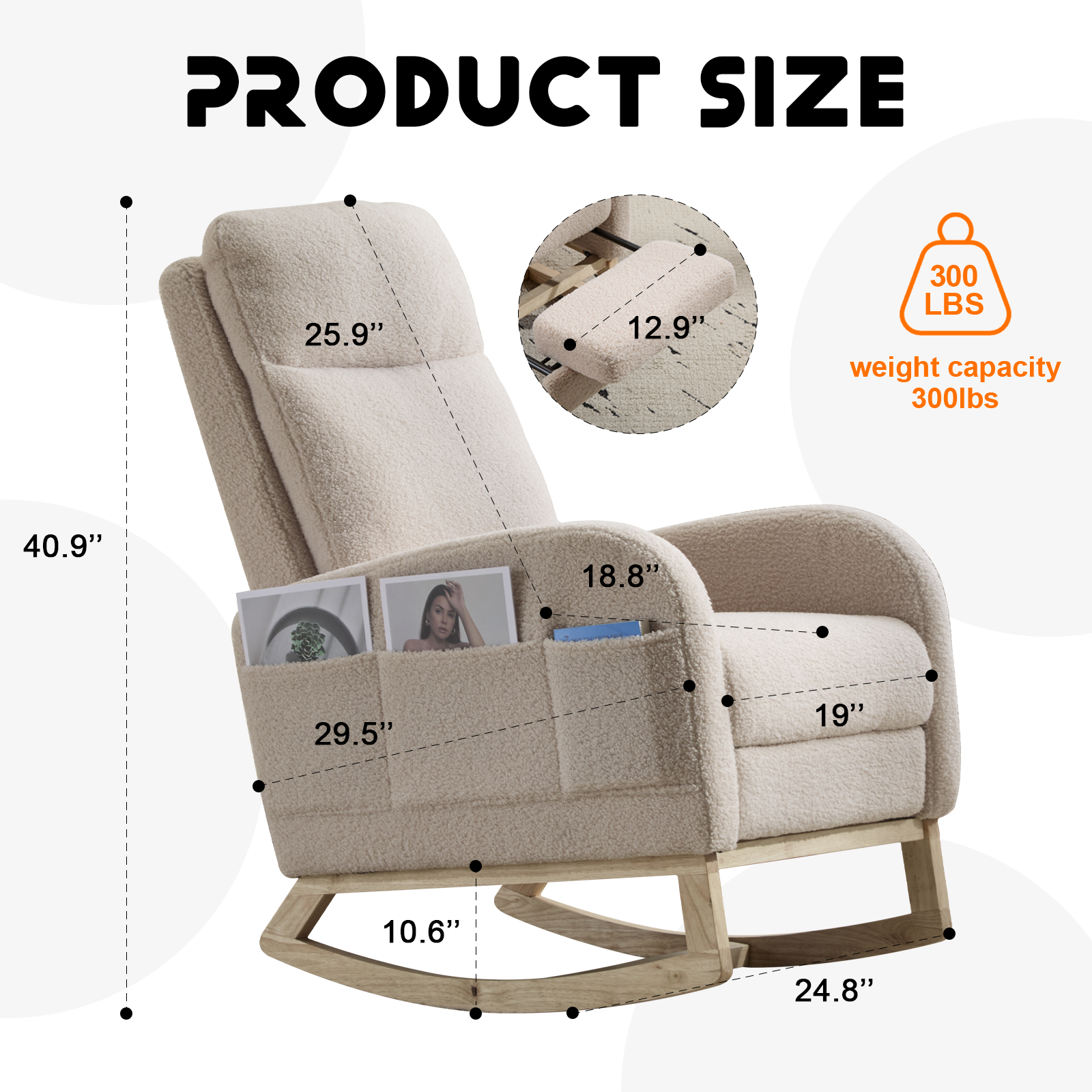 Modern Accent Rocking Chair Rocking Chair with Solid Wood Legs, Upholstered Nursery Glider Rocker Side Pocket and Footrest, Living Room Lounge Arm Chair with High Backrest (beige,teddy) - Grand Goldman Shop