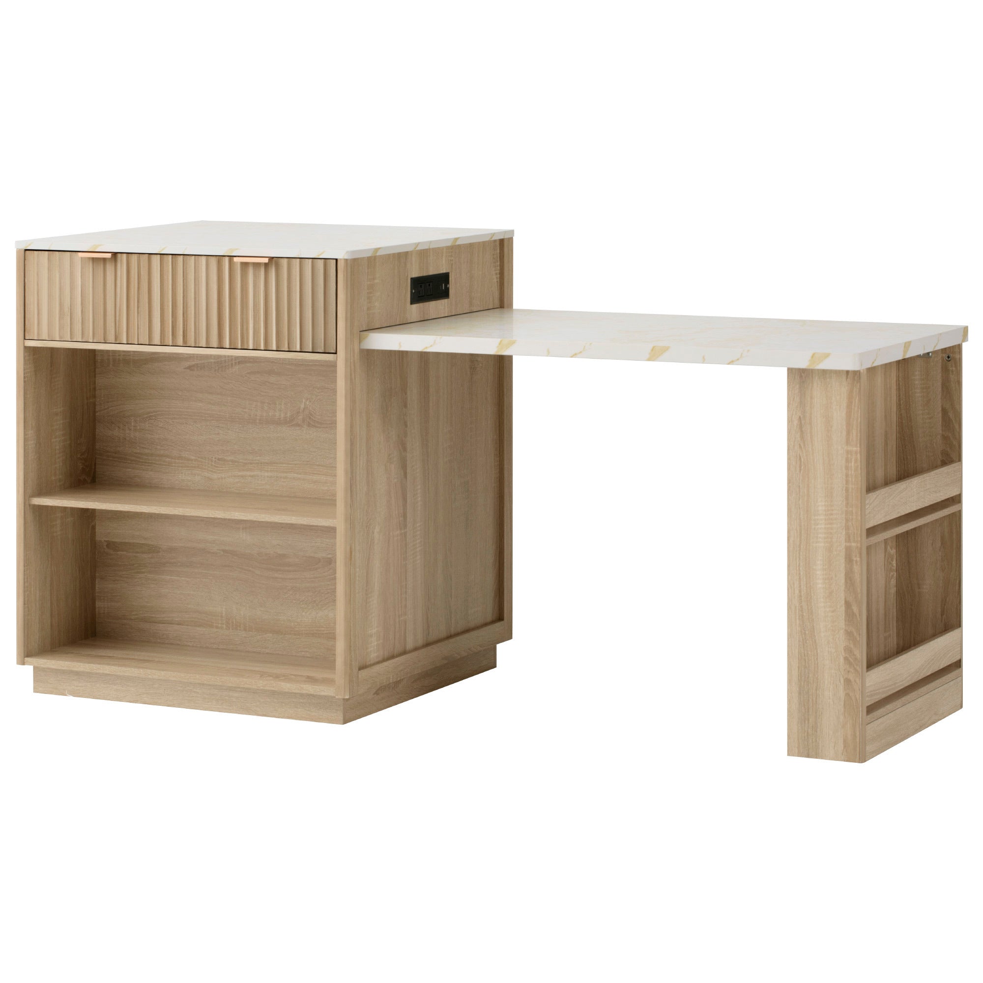K&K 82.6' Fluted Kitchen Island with Extendable Dining Table for 4-6, Island Table for Kitchen with Power Outlet, Kitchen Table with Double-Side Storage, 2 Drawers 2 Side Open Shelves, Natural - Grand Goldman Shop