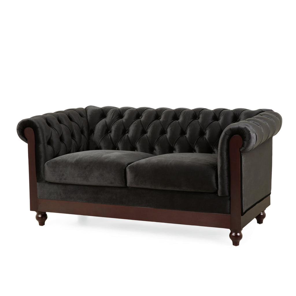 VIVALUX Chesterfield Velvet Loveseat Sofa, 2-Person Rolled Arm Upholstered Couch, Black, Pine Wood Frame, 59.44' - Grand Goldman Shop