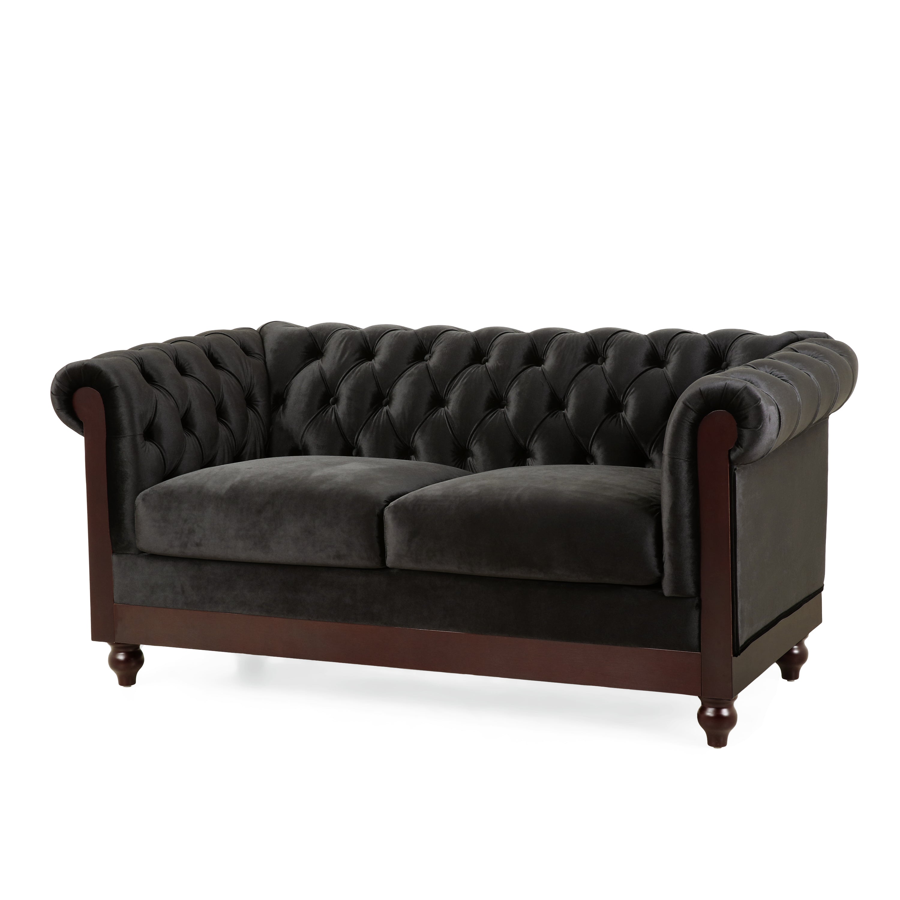 VIVALUX Chesterfield Velvet Loveseat Sofa, 2-Person Rolled Arm Upholstered Couch, Black, Pine Wood Frame, 59.44' - Grand Goldman Shop