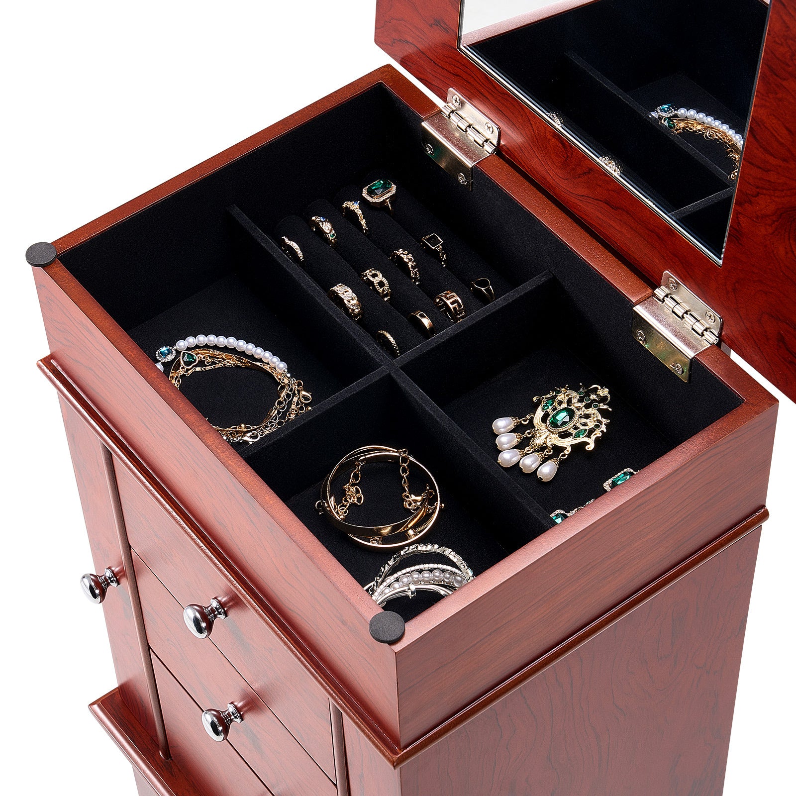 Jewelry Cabinet Armoire Standing Jewelry Storage Chest with 3 Drawers & Mirror - Grand Goldman Shop