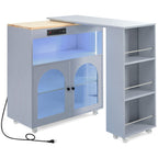 K&K Rolling Kitchen Island With Extended Table, Kitchen Island on Wheels with LED Lights,Power Outlets and 2 Fluted Glass Doors, Kitchen Island with a Storage Compartment and Side 3 Open Shelves, Grey - Grand Goldman Shop