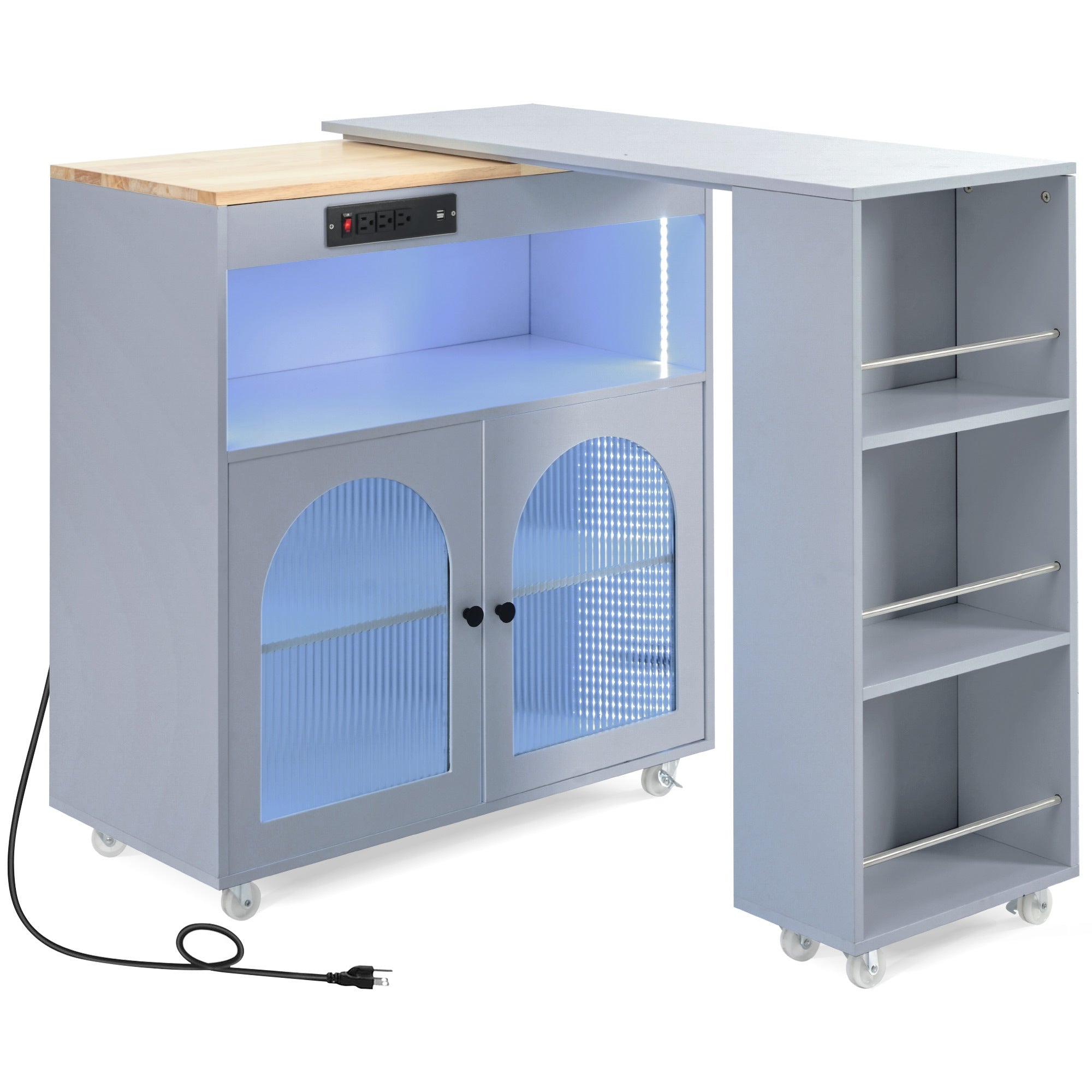 K&K Rolling Kitchen Island With Extended Table, Kitchen Island on Wheels with LED Lights,Power Outlets and 2 Fluted Glass Doors, Kitchen Island with a Storage Compartment and Side 3 Open Shelves, Grey - Grand Goldman Shop