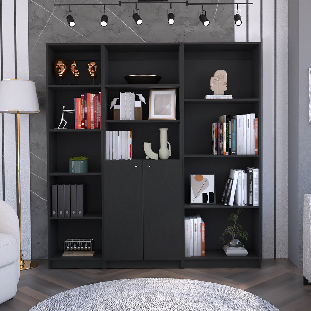 Poole 3 Piece Home Bookcase set, 67' Wide with 12 Shelves and Two-Door Cabinet ,  Living Room Set Set  Black | Premium Home D